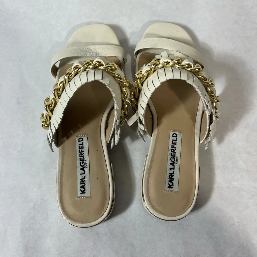 Karl Lagerfeld Athens Sandals Fringe Gold Chain Ivory Size 6.5 - Picture 5 of 8